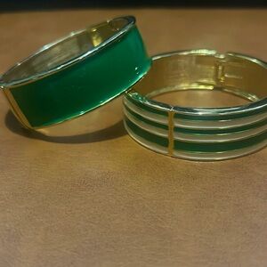 2 clasp gold and green and green and white stripe cosmetic bangles